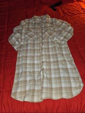Long Sleeve Plaid Button-Down Shirt Dress in Beige
